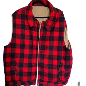 Boulevard Mens Full Zip Reversible Vest Buffalo Plaid/ Beige Pockets Fishing 3X